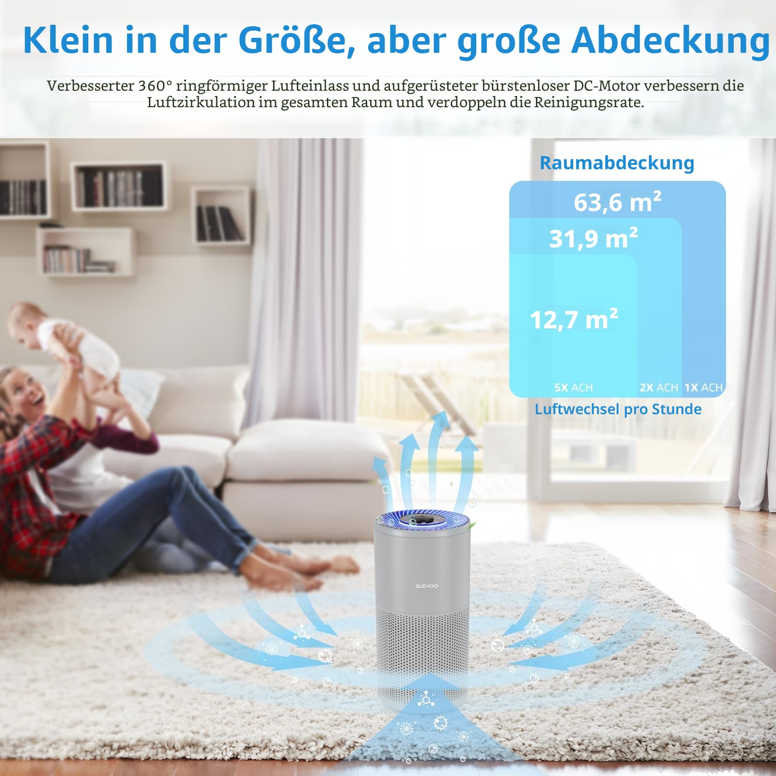 Slevoo Luftreiniger Schlafzimmer mit H13 HEPA Filter, 240m³/h CADR, Leise | Air Purifier für Räume bis 102 m² gegen Allergie, Pollen, Staub, Rauch & Tierhaare, mit Timer & Aromatherapie, Grau