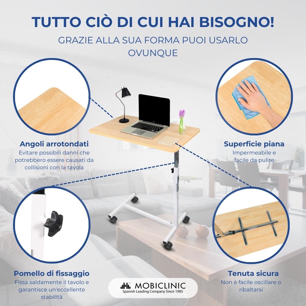 Mobiclinic, Tavolino ausiliario, Con ruote, Meseta, Regolabile in altezza, Per letto e divano, Ausilio anziani, Antigraffio, Bordo di contenimento, Elevabile, Accaio legno