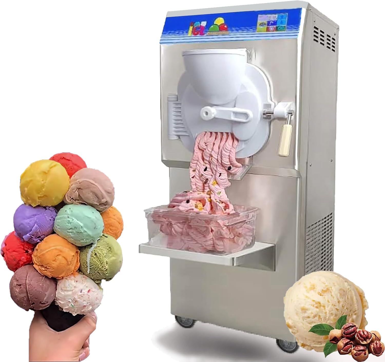 Commercial US Standard Floor Standing Italian Water Hard Ice Cream Machine Frozen Dessert Maker- Stronger Plastic Door, 14L cylinder 9-11 Gal/Hour for Bakery Café Restaurant Snack bar