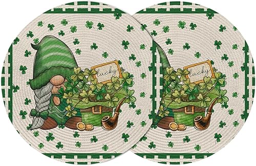 Set of 2 Placemats for Dining Table, St. Patrick's Day Clover Gnome Plaid 15 Inch Decorative Round Braided Place Mat for Kitchen Living Room Parties