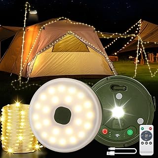 Camping Lichterkette Aufrollbar 10M, Vielseitige Tragbare Wiederaufladbare Camping Lichterkette mit 9 Beleuchtungsmodi, Wasserdichte Campinglampe für Zelt Camping Hof Dekoration und Wandern