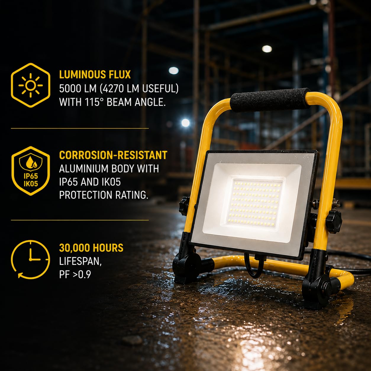 V-TAC Faretto LED da Cantiere 50W - [ CHIP CREE LED - ALTE PERFORMANCE ] - 4270 Lumen - Impermeabile IP65 - Faro Led da Esterno per Lavori e Garage - Cavo 3M - Staffa Piehevole - Luce Naturale 4000K