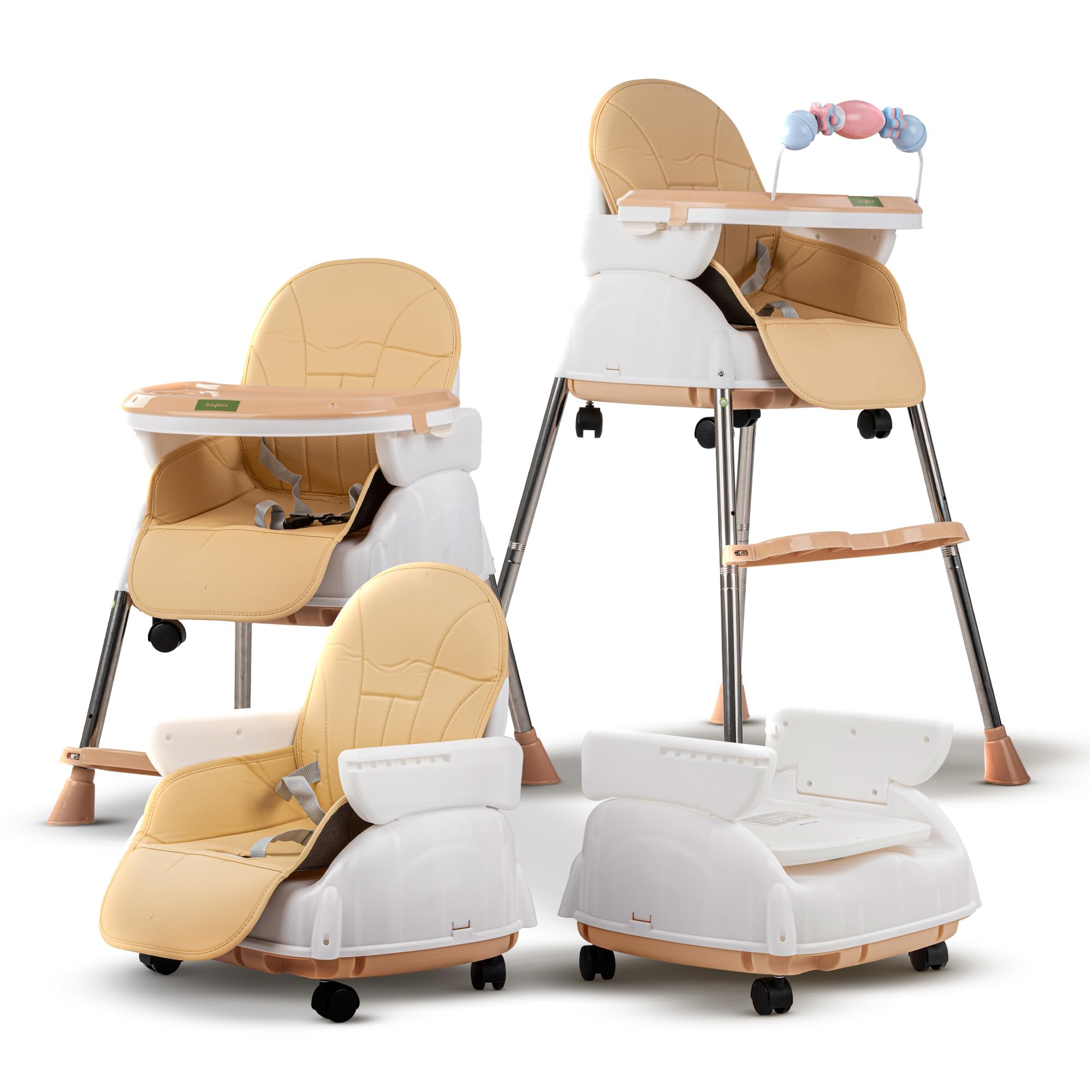 Baybee 4 in 1 Nora Convertible High Chair for KidsAdjustable Height and Footrest, Baby Toddler Feeding Booster Seat with Tray, Wheels, Safety Belt and Cushion For 6 Months to 4 Years (Beige)