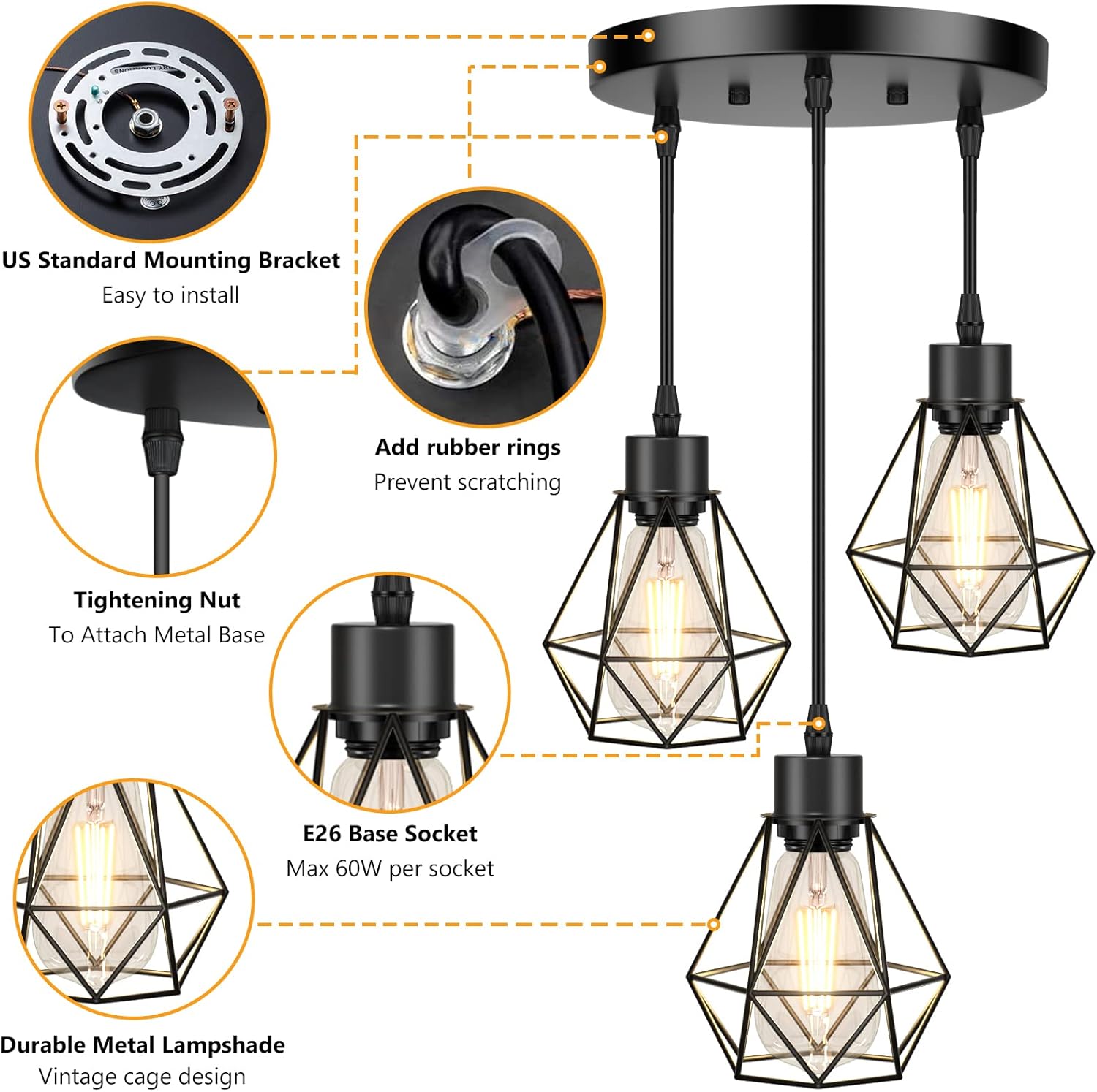 FadimiKoo 3-Light Kitchen Hanging Light Fixtures, Adjustable Farmhouse Light Fixtures Ceiling Pendant Lighting with Black Metal Cage for Dining Room Hallway Bedroom Kitchen Island, E26 Base - - 