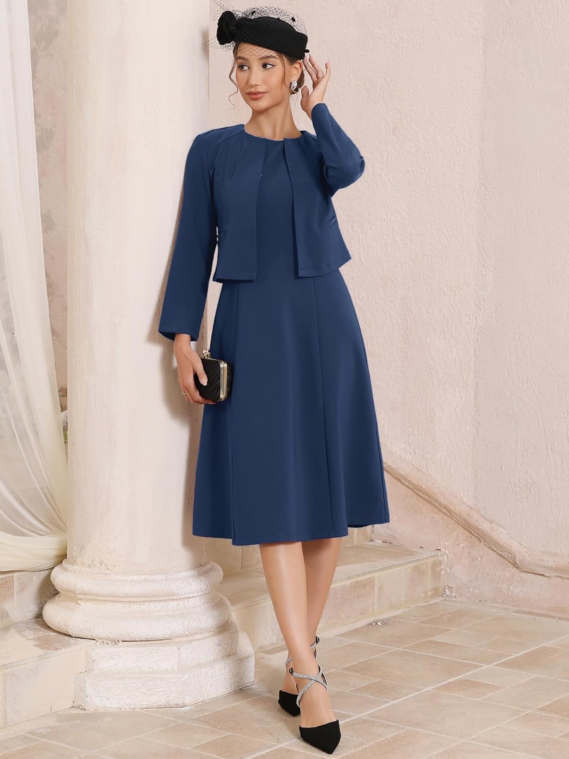 Women's Wedding Guest Suit Dress Two Pieces Sets Formal Sleeveless Dress and Crop Blazer Shrug - Image 3