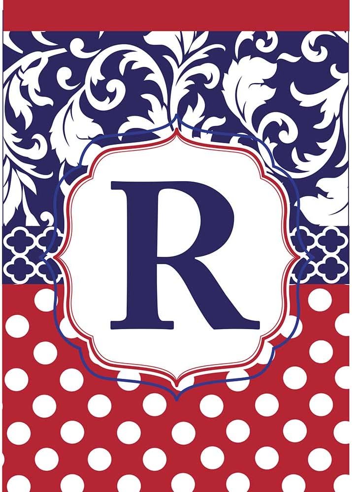 Monogram R Red White Polka Dot and Filigree Blue 18 x 13 Rectangular Applique Small Garden Flag