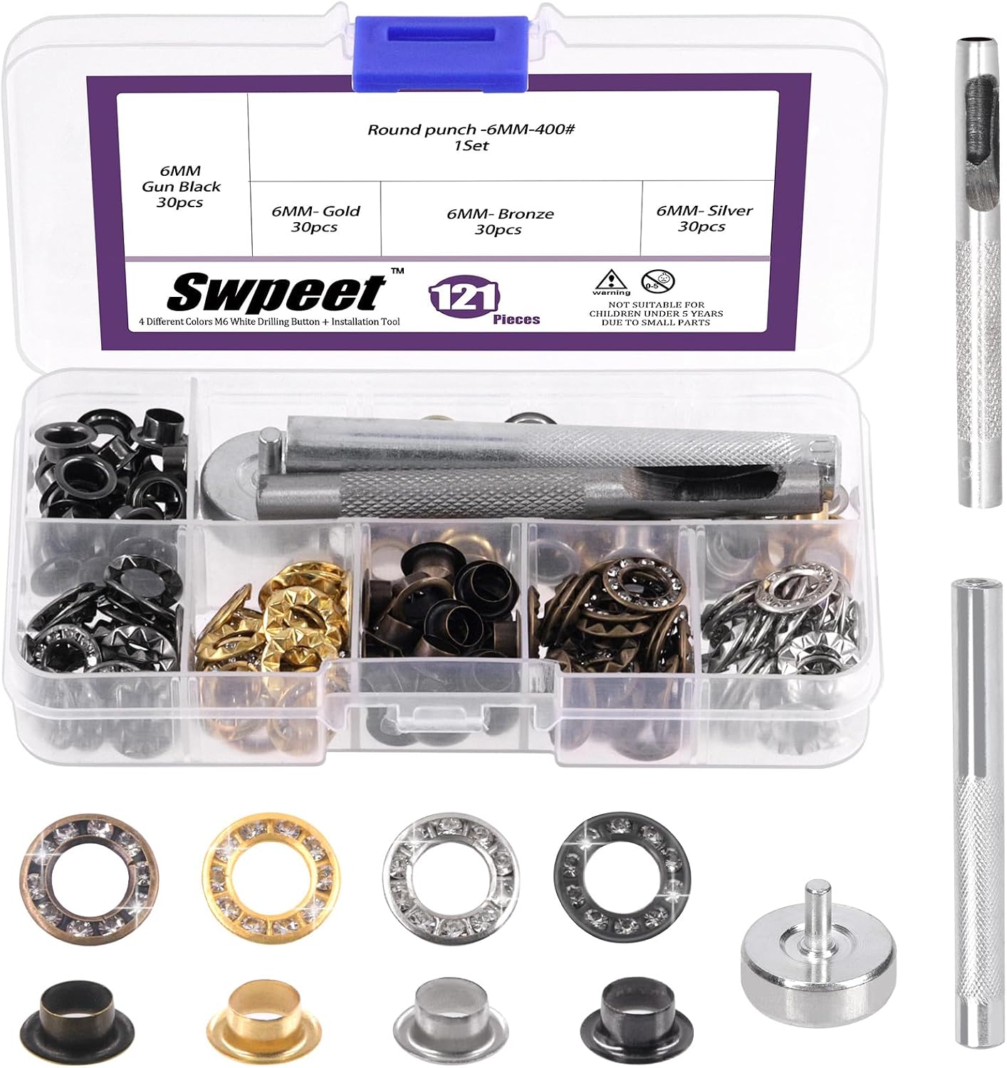 Swpeet 120 Sets 4 Colors 1/4 Inch (6mm) Rhinestone Metal Brass Grommets with 1 Set Install Tools Kit, Metal Grommets Eyelets, Hole Eyelets Grommets for Repairing Canvas, Leather, Belt
