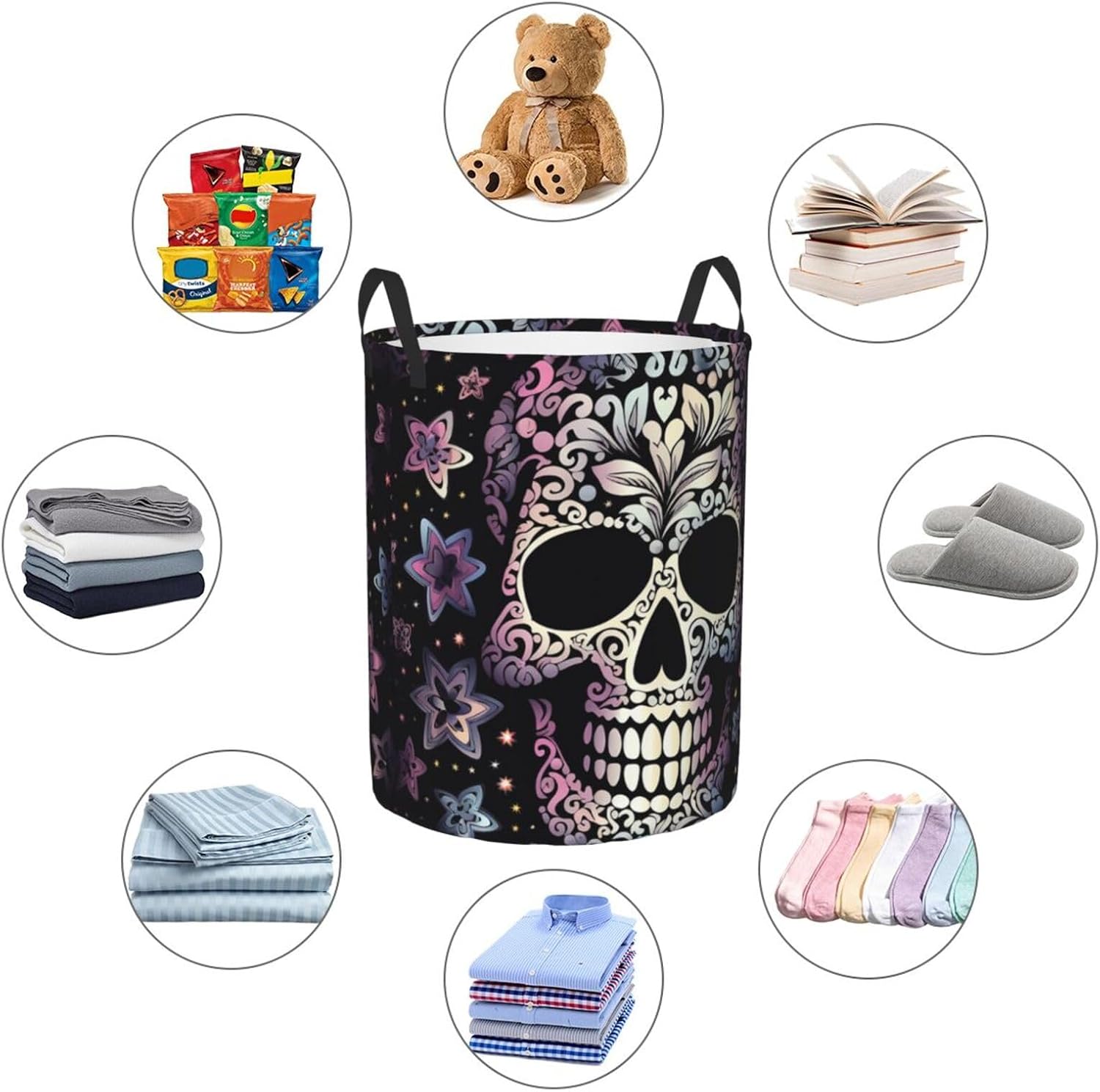 Cool Skull Laundry Basket With Handles, Foldable Laundry Hamper Oxford Cloth Dirty Clothes Basket Waterproof Clothes Toys Storage Bin Organizer for Bedroom Bathroom Dorm image 4