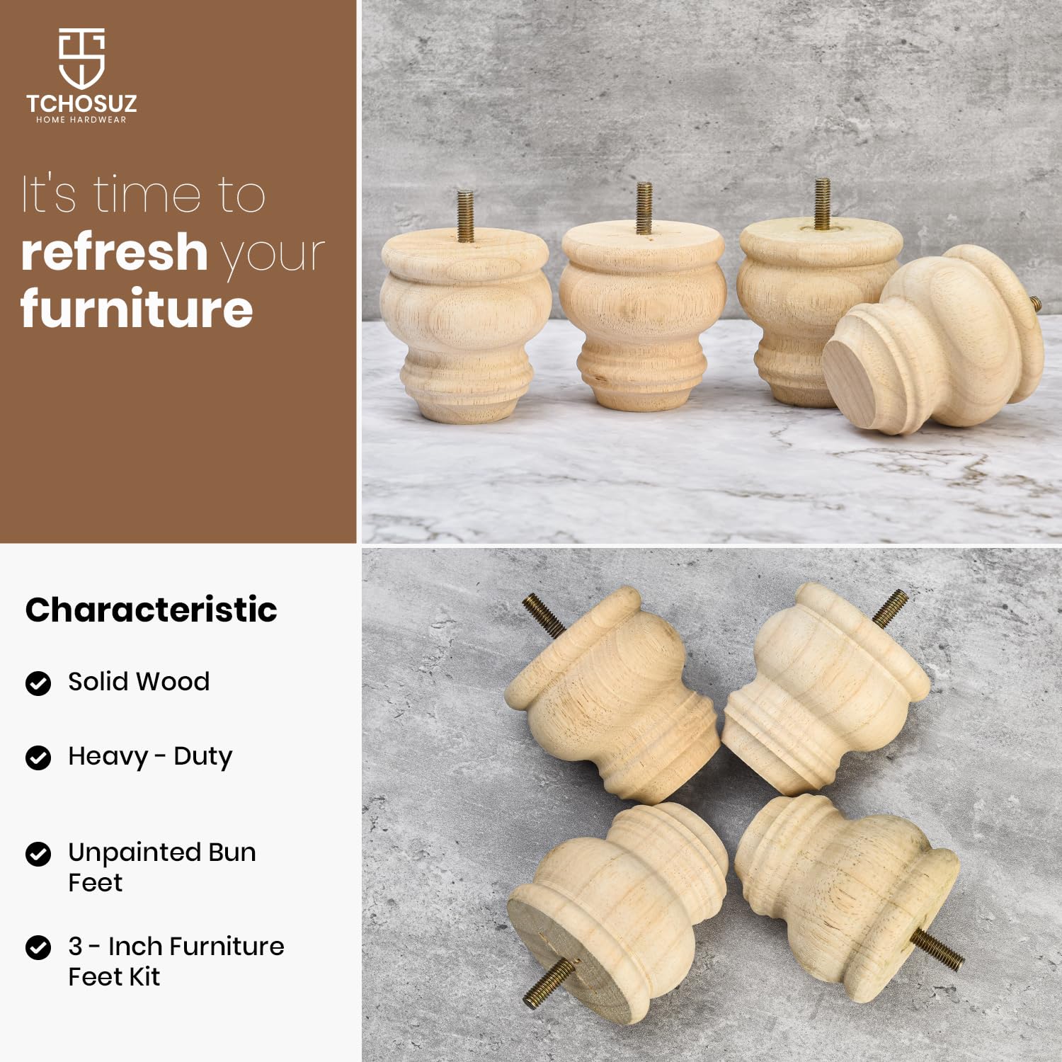 3 Inch Furniture Legs 4-Piece 3 Inch Wooden Furniture Legs - Unfinished Bun  Feet For Sofa, Cabinet \u0026 DIY Projects Dresser Legs, image size:1500x1500