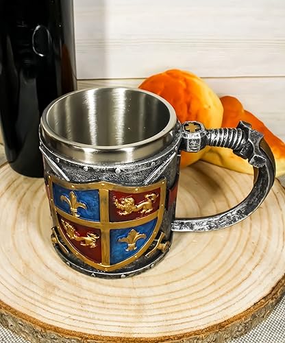 Miniatura 8 de Ebros León y Flor de Lis Escudo de Armas Heráldica Medieval Renacimiento Cruzado Caballero Traje de armadura Vajilla con Mango de Espada Excalibur