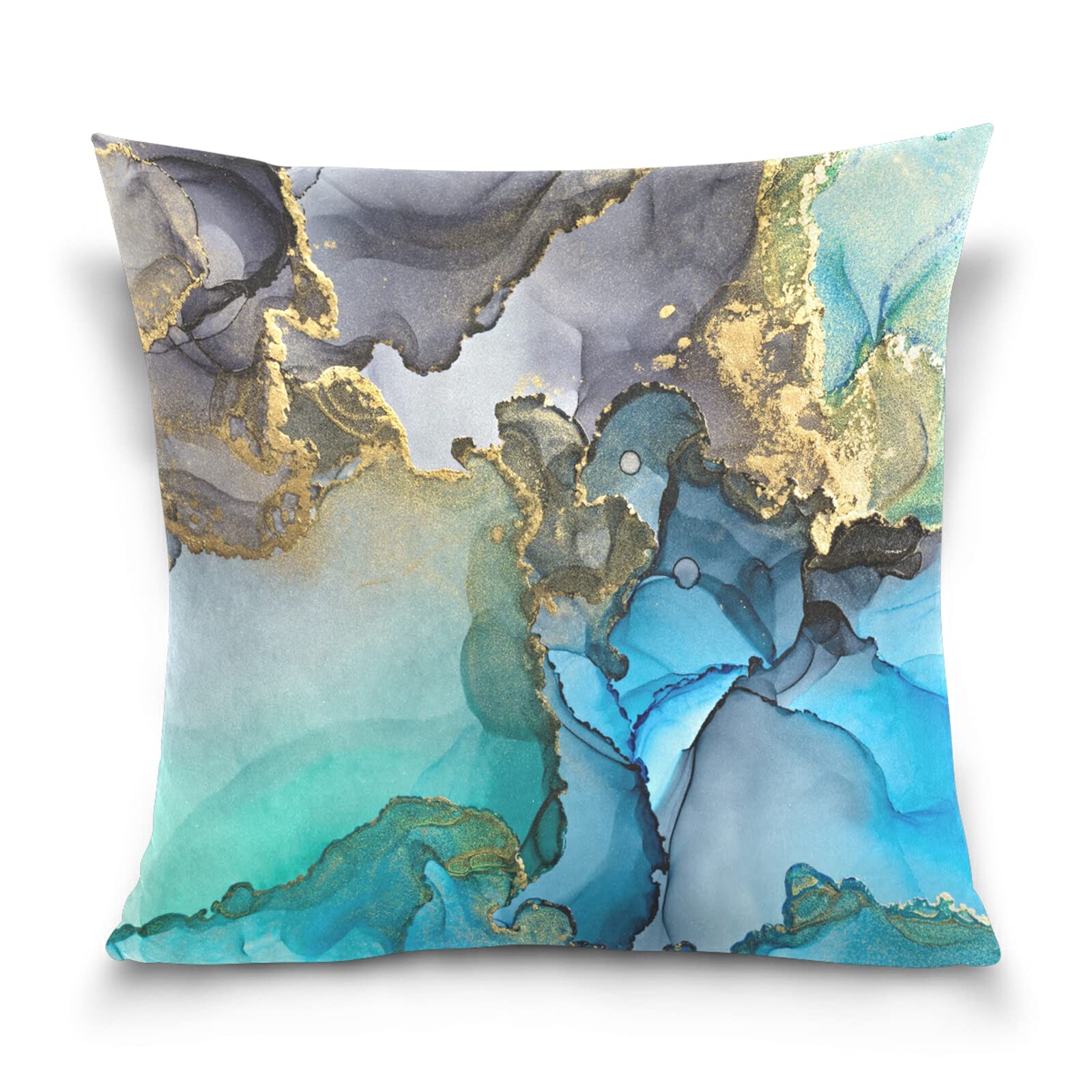 Mixed Blue, Grey, Golden Alcohol Ink Abstract Marble Texture Cotton Velvet Throw Pillow, Soft Breathable Bed Pillows, Pillowcase Sham Cushion Covers Twin Sides for Car Couch Bed 18x18 inches