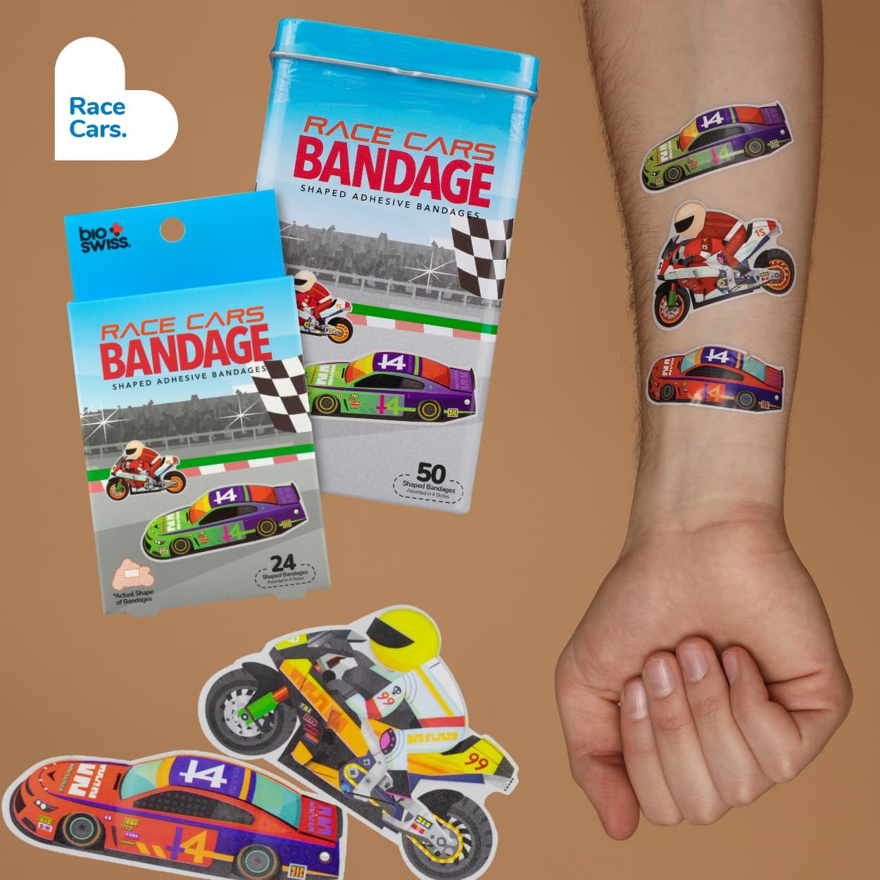 BioSwiss Bandages, Race Cars Shaped Self Adhesive Bandage Set, Latex Free, Sterile Wound Care, 24 Count