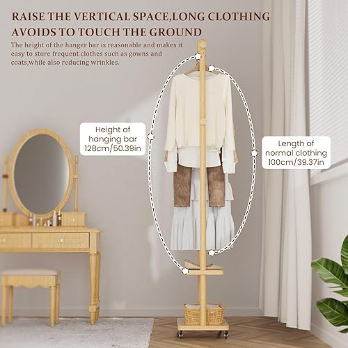 Miniatura 7 de Solid Wood Coat Rack Freestanding Clothing Rack with Wheels & 2 Shelves Storage & 5 Hooks Heavy Duty Clothes Rack Wood Coat Tree Stand Hat Hanger