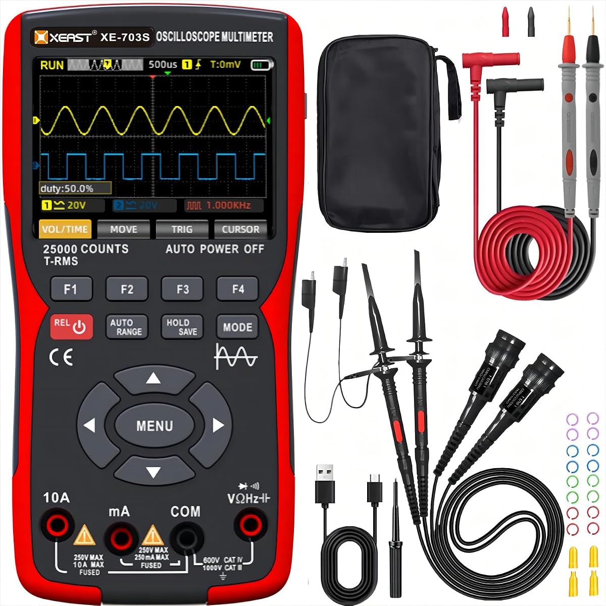 Multímetro de osciloscopio portátil 3 en 1, generador DDS, mini osciloscopio LCD en color IPS de 3,5", multímetro digital de 25000 cuentas, ancho de banda de 50 MHz de doble canal, función de calibración automática, función de memoria