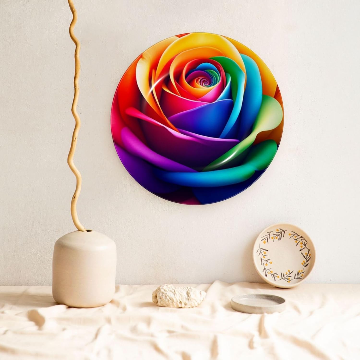 Colorful-Rainbow-Rose-Flower 10 Inch Decorative Plate With Stand, Elegant Display Wall Plate For Home Decor