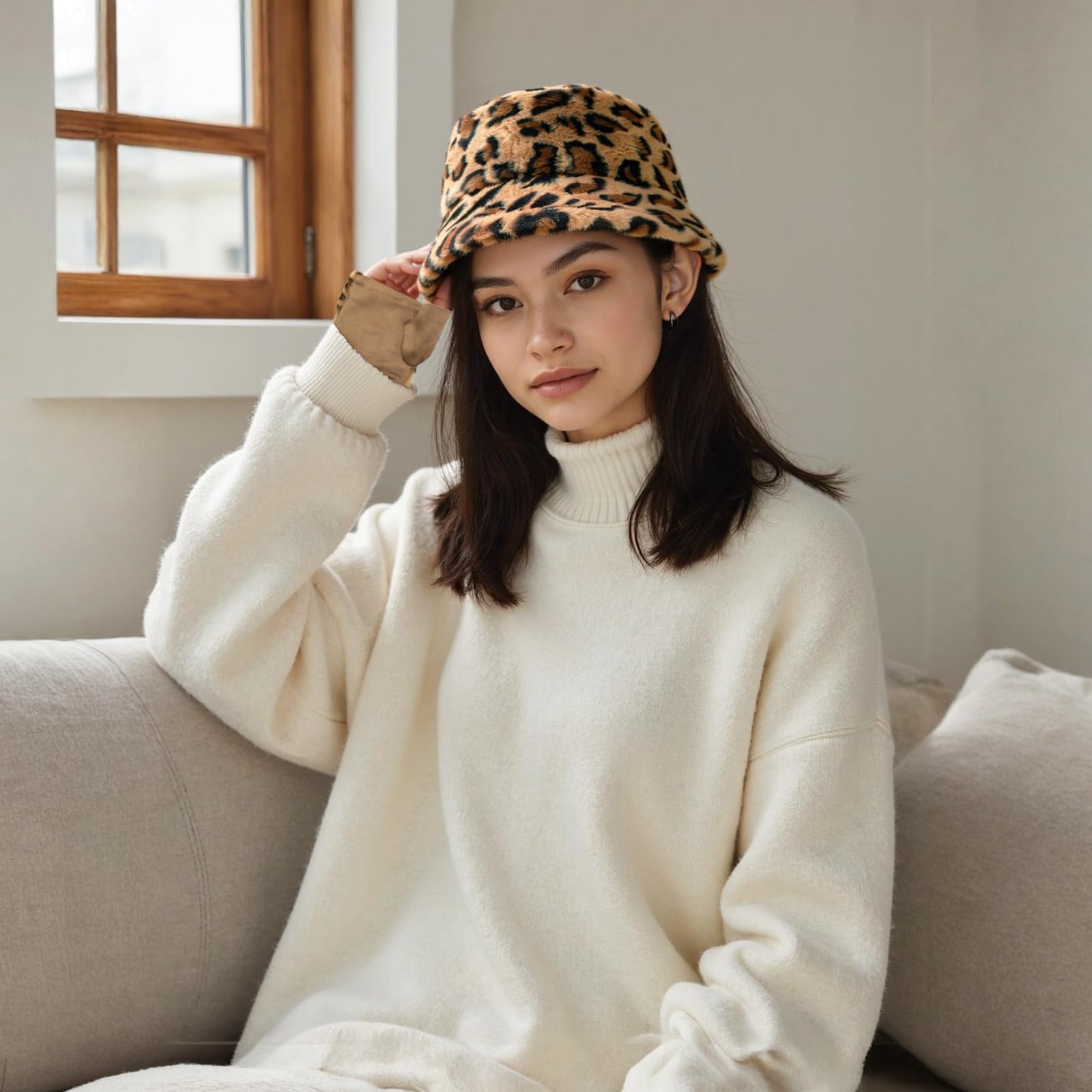 Sombrero Mujer Invierno,Suave Esponjoso Cálido y a Prueba de Viento Bucket Hat,Sombreros de Piel de Leopardo para Las Mujeres,Regalos para Mujer