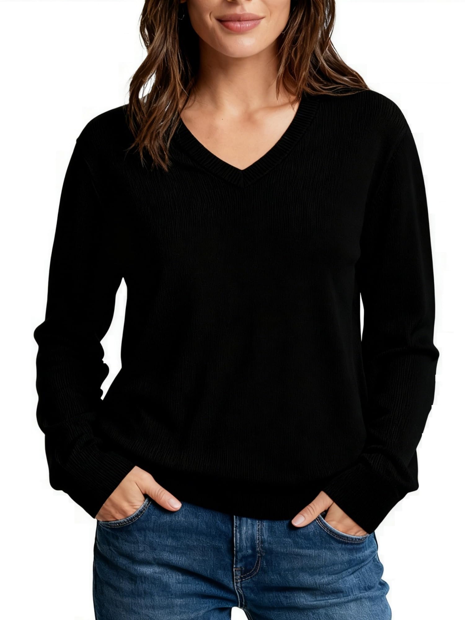DAIMIDY V Neck Sweater Womens Long Sleeve Tops Trendy Lightweight Knit Soft Casual Pullover Blouse