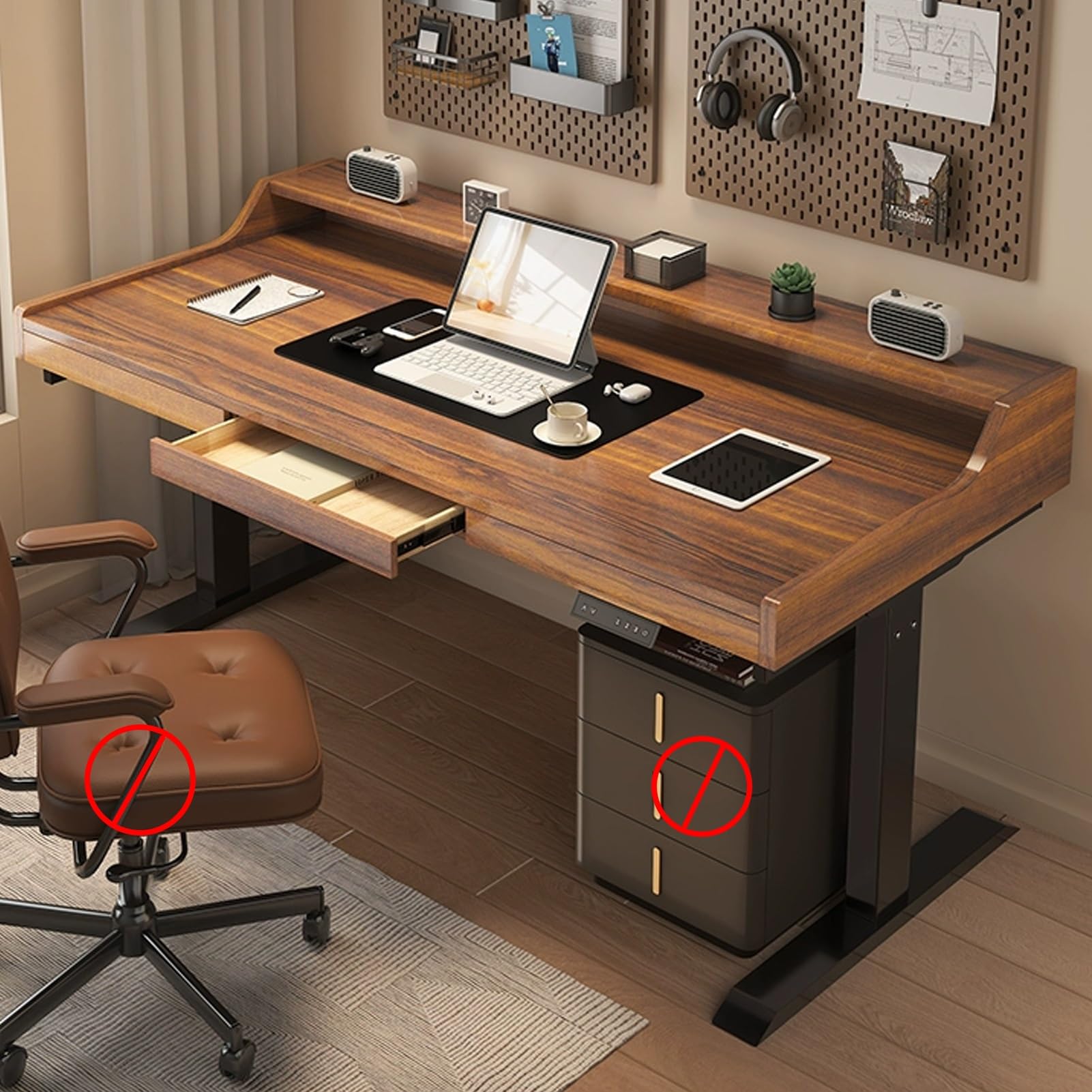 MYUYEE Jkghk Sit Stand Desk, Adjustable Standing Desk With Three Storage Drawers And Storage Baffle, Stand Up Desk With 3 Preset Heights, For Home Office, Easy To Install (Brown-55.1In)