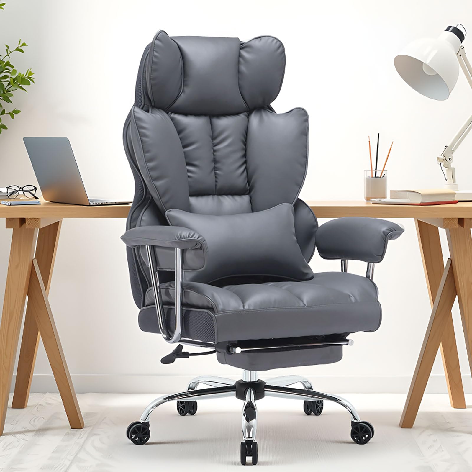Efomao Desk Office Chair 400LBS,Big and Tall PU Leather Computer Chair,Executive Office Chair with Leg Rest and Lumbar Support (Dark Grey)