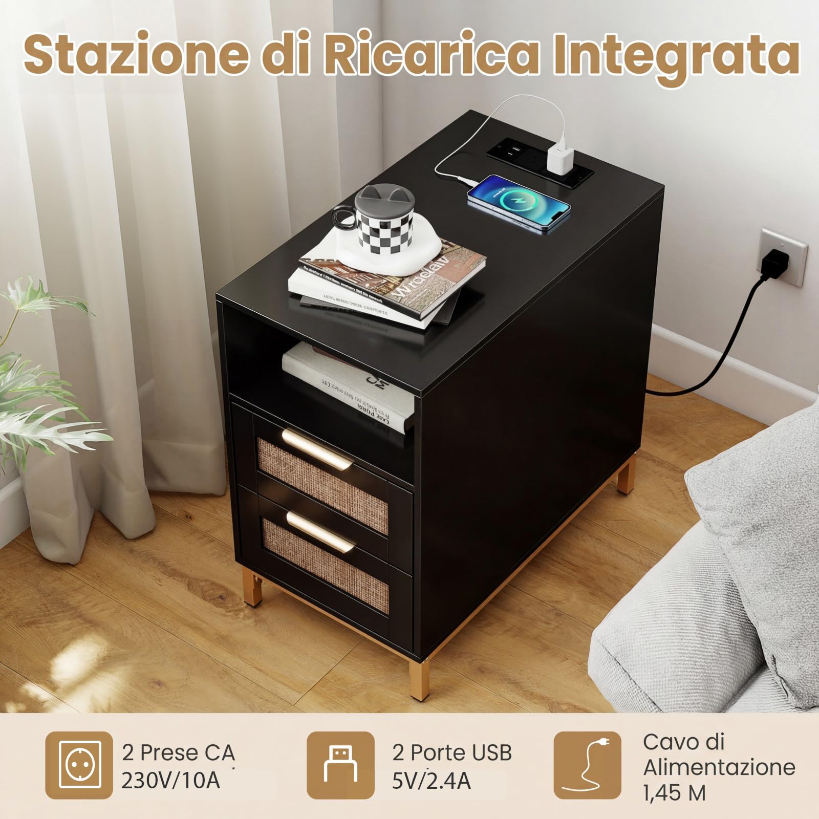 SOARS Comodino con Stazione di Ricarica Integrata, Tavolino da Notte Stile Boho in Rattan, 2 Cassetti & Ripiano Aperto, Piedini in Metallo Robusti, Mobiletto per Camera da Letto (Nero,1)