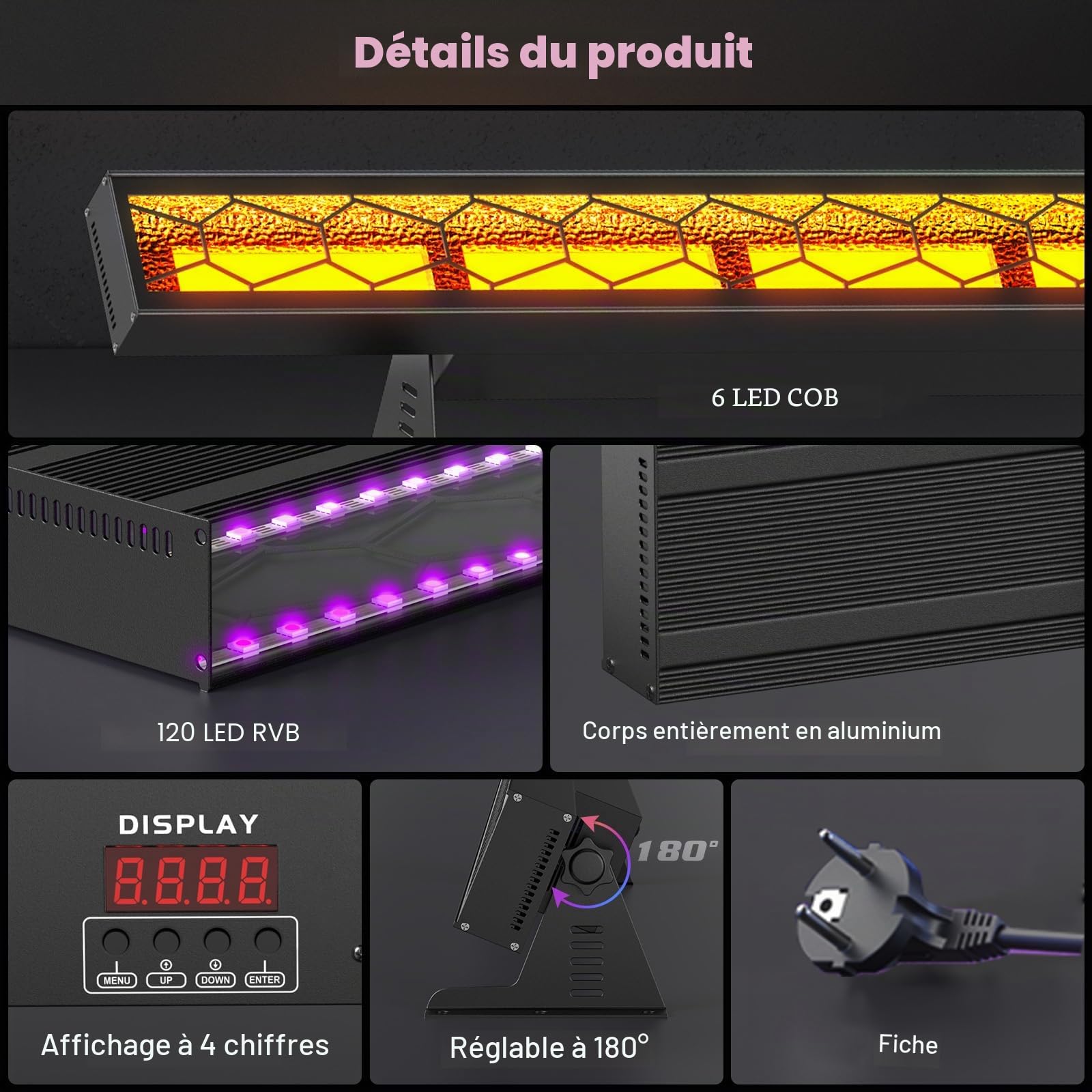450W LED RGBW Projecteur 6 COB RGB Exterieur Lumière de Scène Stroboscope avec DMX contrôle Barre Wallwasher pour Fête Patio Jardin plein air