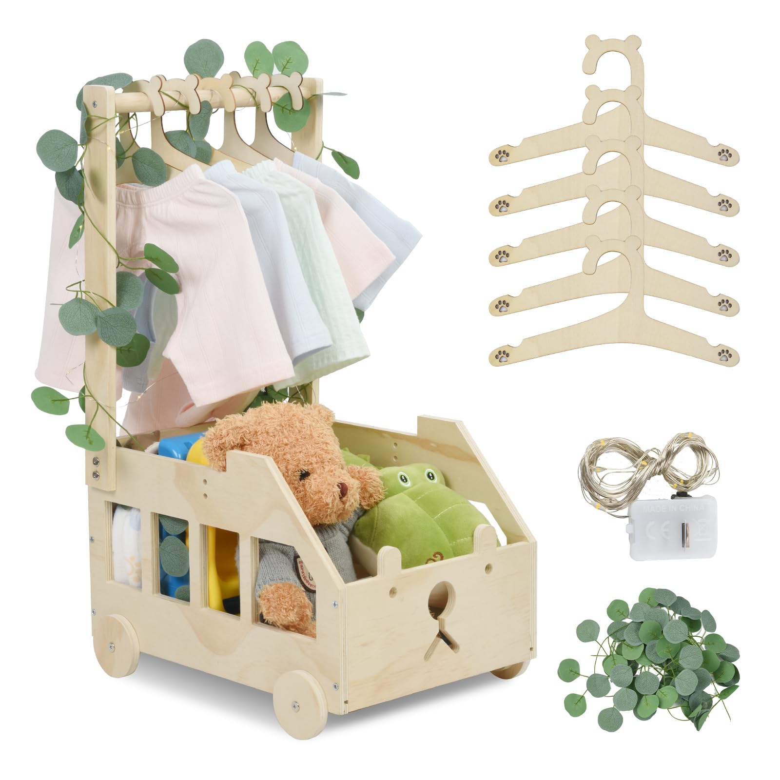 OTraki Kosz na prezent dla niemowląt z drewnianymi kółkami, drewniany prezent na baby shower z dekoracyjnymi liśćmi, 5 drewnianych wieszaków na ubrania, kosz dla noworodków, spersonalizowany kosz dla