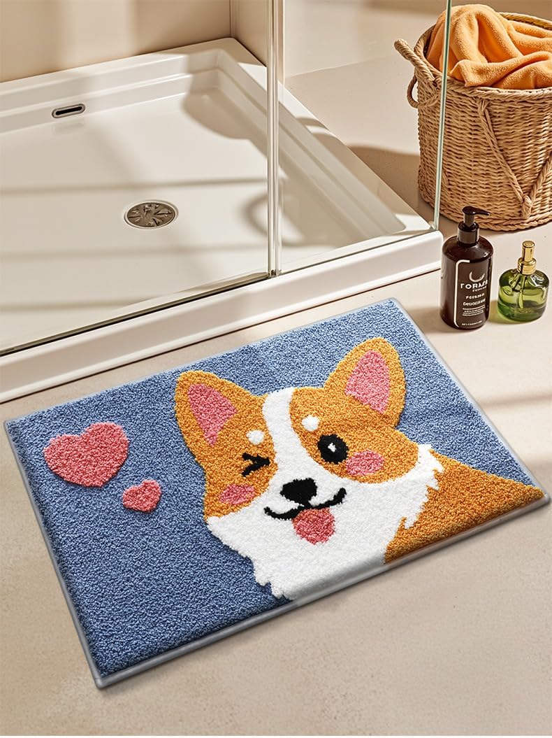 Ankah Dog Series Bath Rug, Cute Shiba and Corgi Animal Collection, Soft Shaggy Plush, Non-Slip, Highly Absorbent, Machine Washable Carpet for Bathroom Decor, Shower Use, 19.7" x 31.5", Corgis