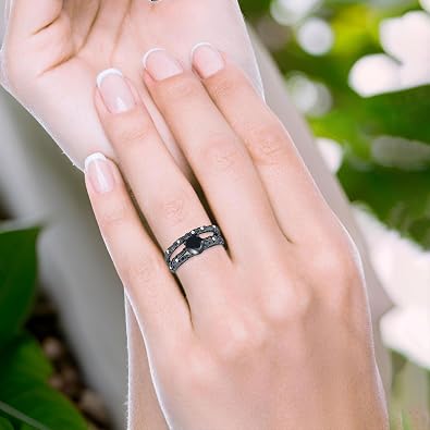 Two Piece Round Natural Black Onyx Filigree Vintage Style CZ Wedding Set Bridal Engagement Ring 925 Sterling Silver Gifts For Her