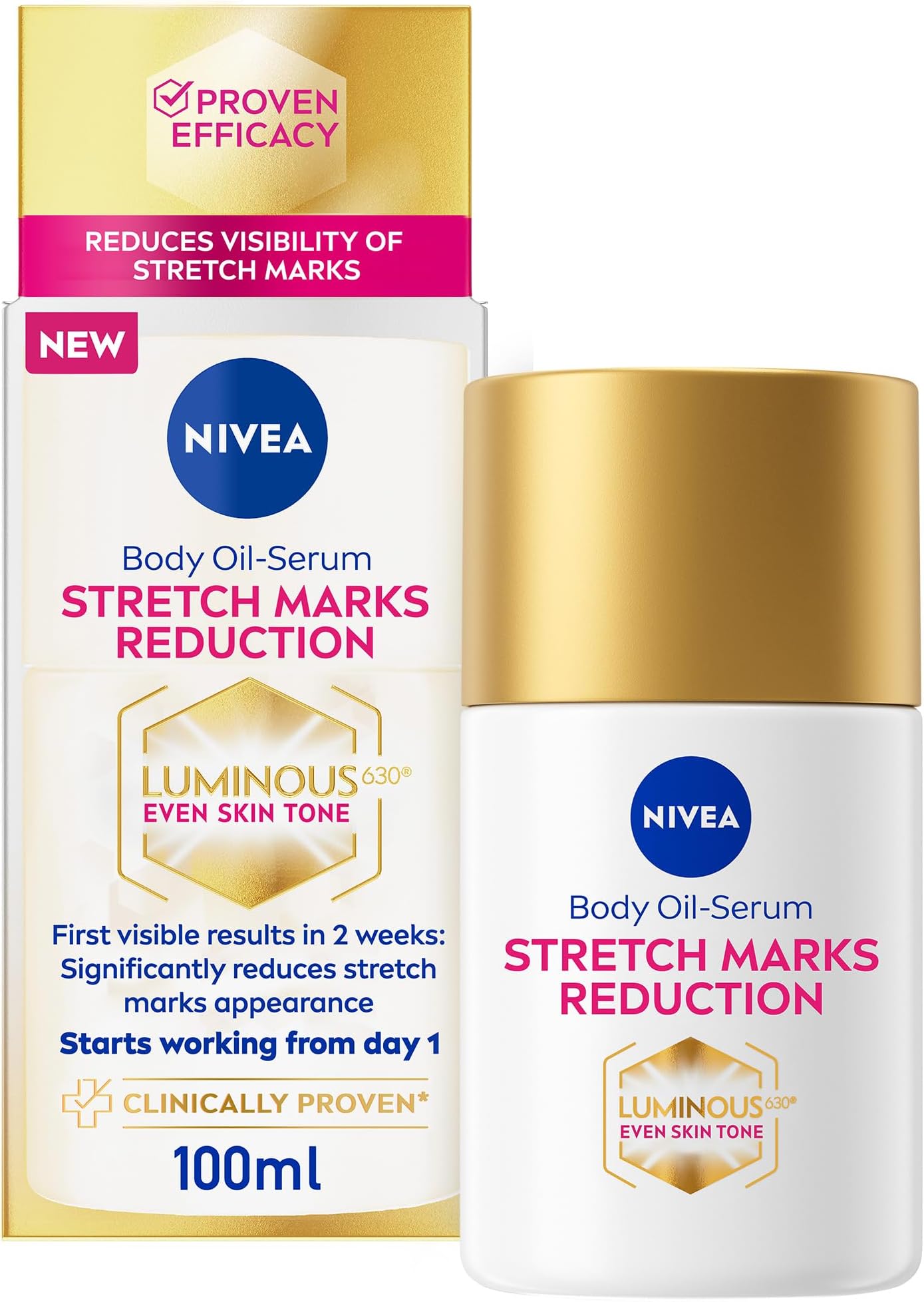 NIVEA LUMINOUS630 Stretch Marks Reduction Body Oil-Serum, Even Skin Tone, Reduces Visibility of Stretch Marks, Visible Results in 2 Weeks, 48H Moisture, Clinically Proven, for All Skin Types, 100ml