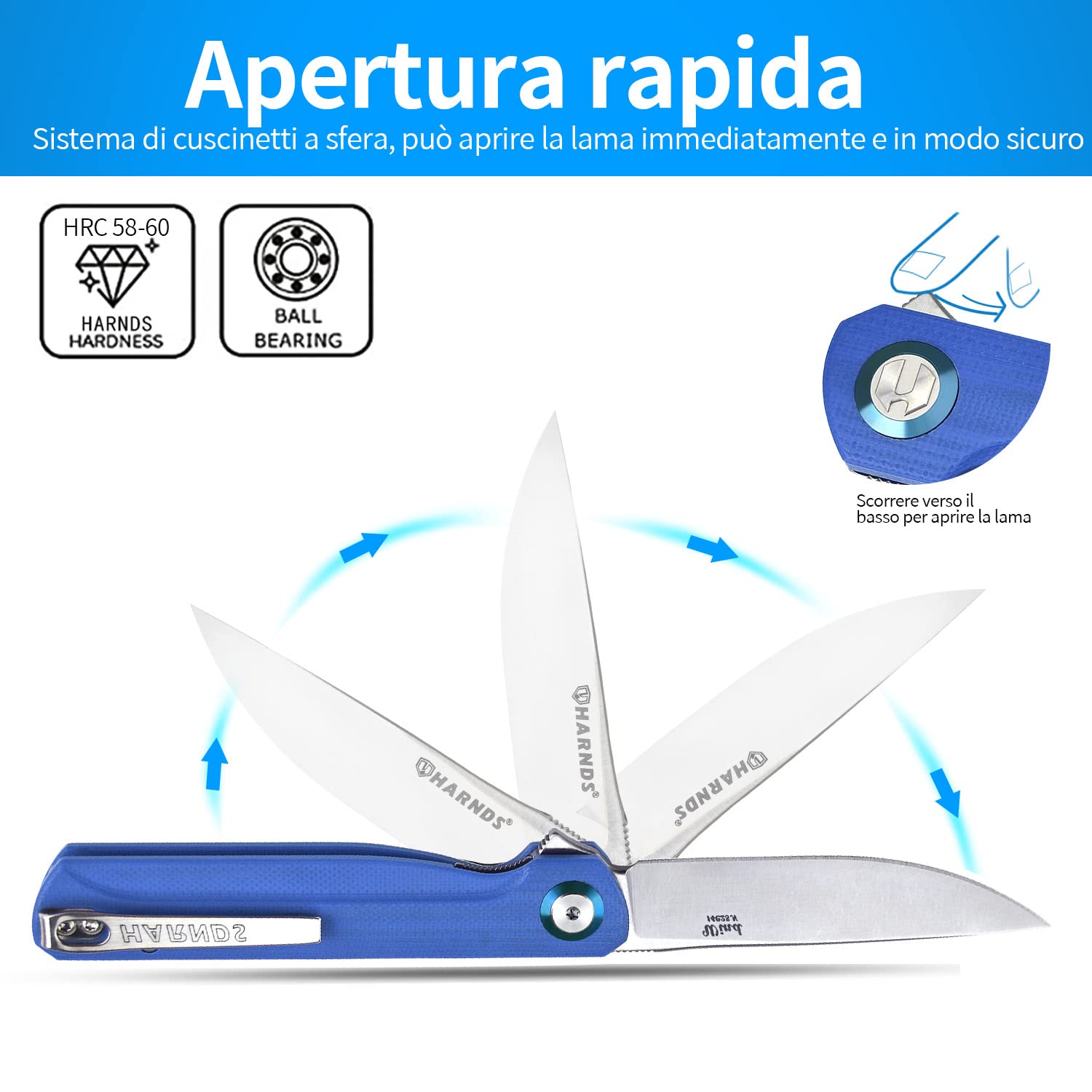 HARNDS Wind Coltello Pieghevole Tascabile Lama in Acciaio Sandvik con Manico G10, Coltello Serramanico Integrato Cuscinetto a Sfere per Caccia, Campeggio, Sopravvivenza(Blu)