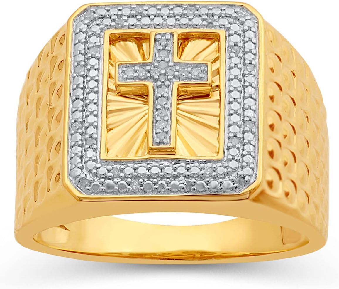 Jewelili Yellow Gold over Sterling Silver 1/10 Cttw Natural White Round Diamond Cross Texture Mens Ring