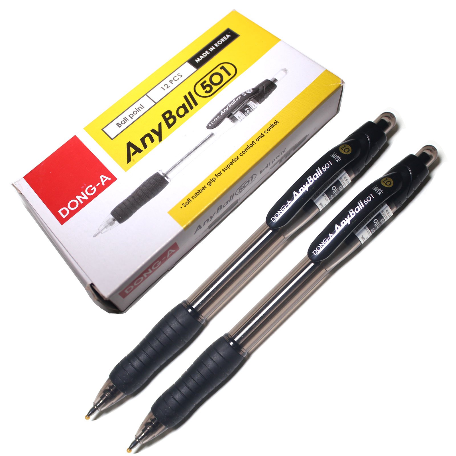 Dong-A X12 Soft Rubber Grip Anyball 501 Ballpoint Pen 1.0mm - Black (12 Pcs)