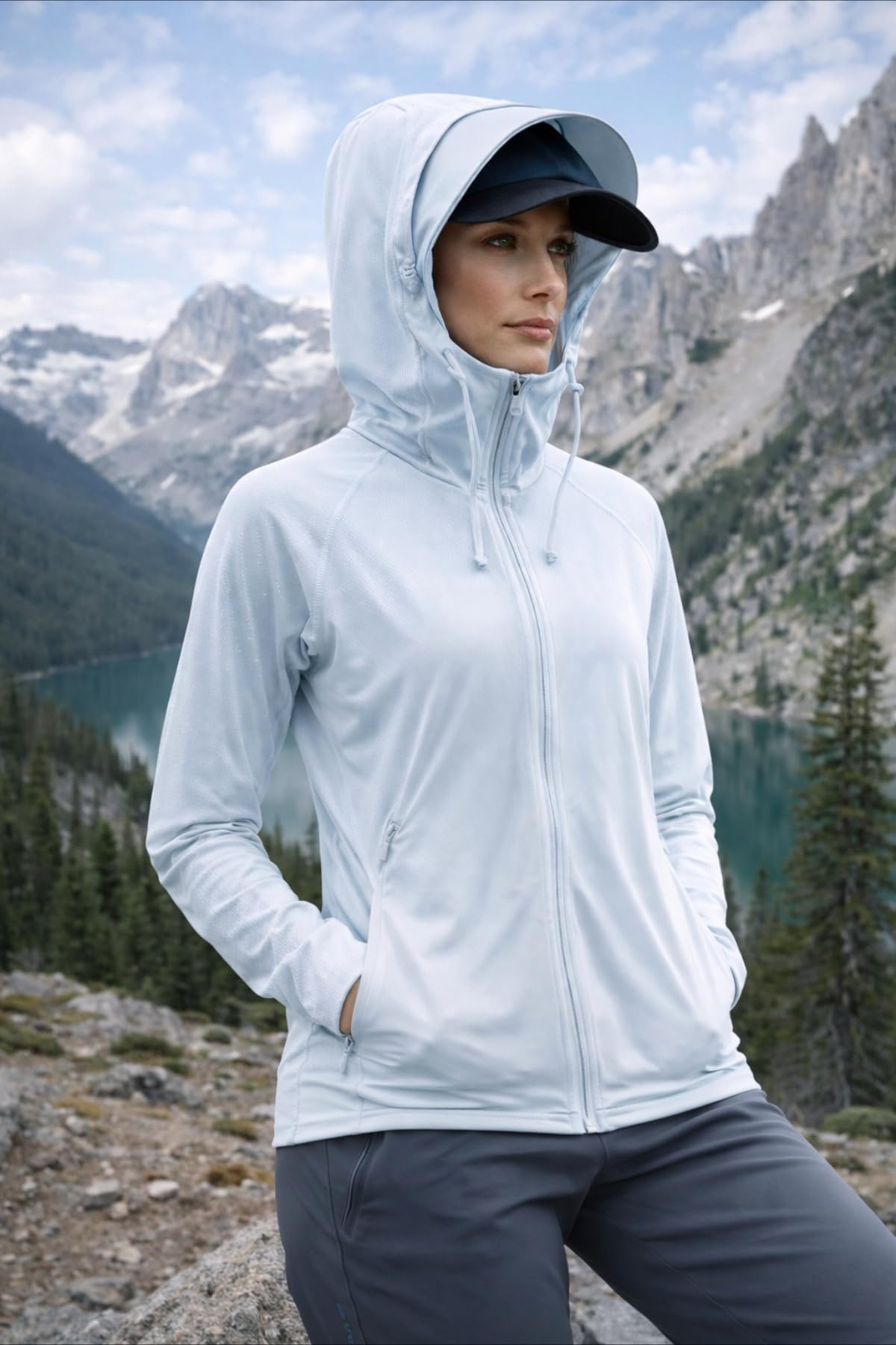 Chaqueta de protección solar con capucha para mujer, de ala ancha, máscara facial refrescante, para pesca atlética, chaqueta de rendimiento al aire libre — view 2