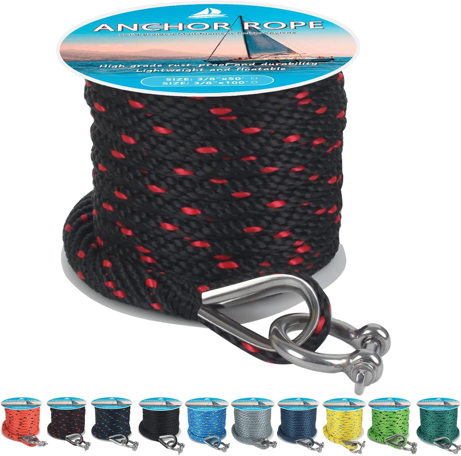 Anchor Rope 50 ft x 3/8 inch, Premium Solid Braid MFP Anchor Line, Boat Anchor Rope