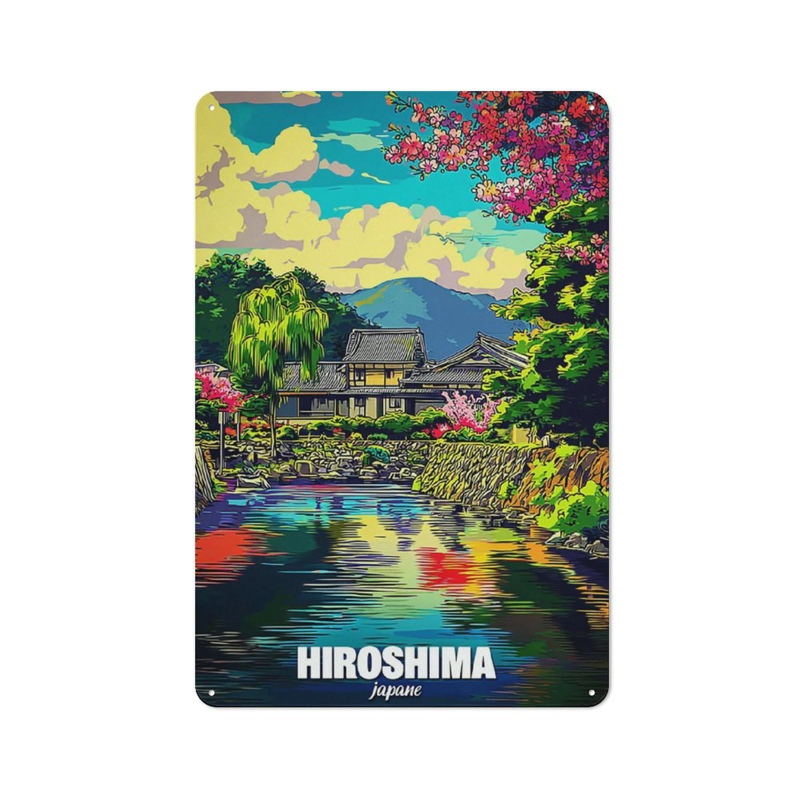 Hiroshima A Serene Japanese Landscape Farmhouse Metal Sign 30x20cm, Barn Style Rustic Kitchen Decor for Cottage, Kitchen, Hallway Or Breakfast Nook
