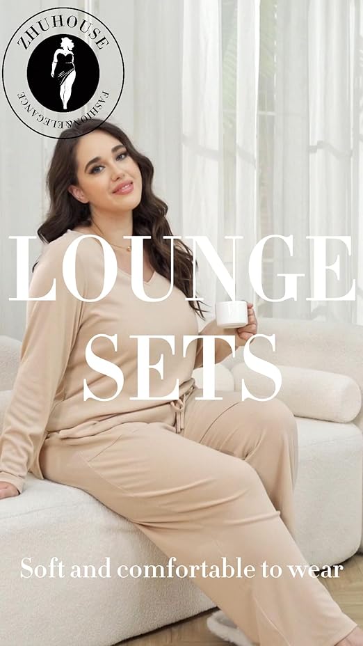 ZHUHOUSE Women's Plus Size 2 Piece Pajama Lounge Sets Knit Outfits