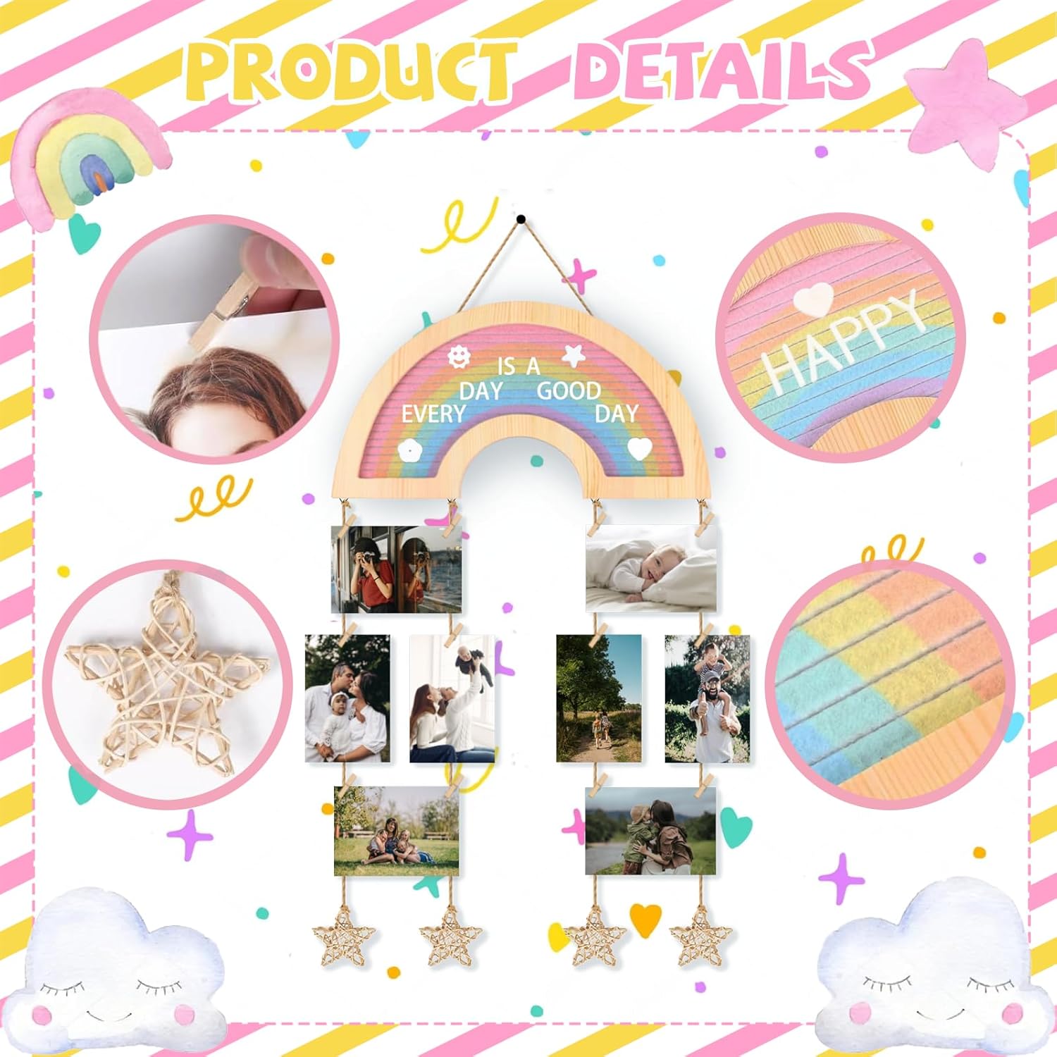 Picture Frames Collage Wall Decor Hanging Photo Display, Personalized Gifts for Teen Girls, Unique DIY Rainbow Felt Letter Board with 340 Letters and 20 Clips for Kids Teenage Birthday Party - Image 3