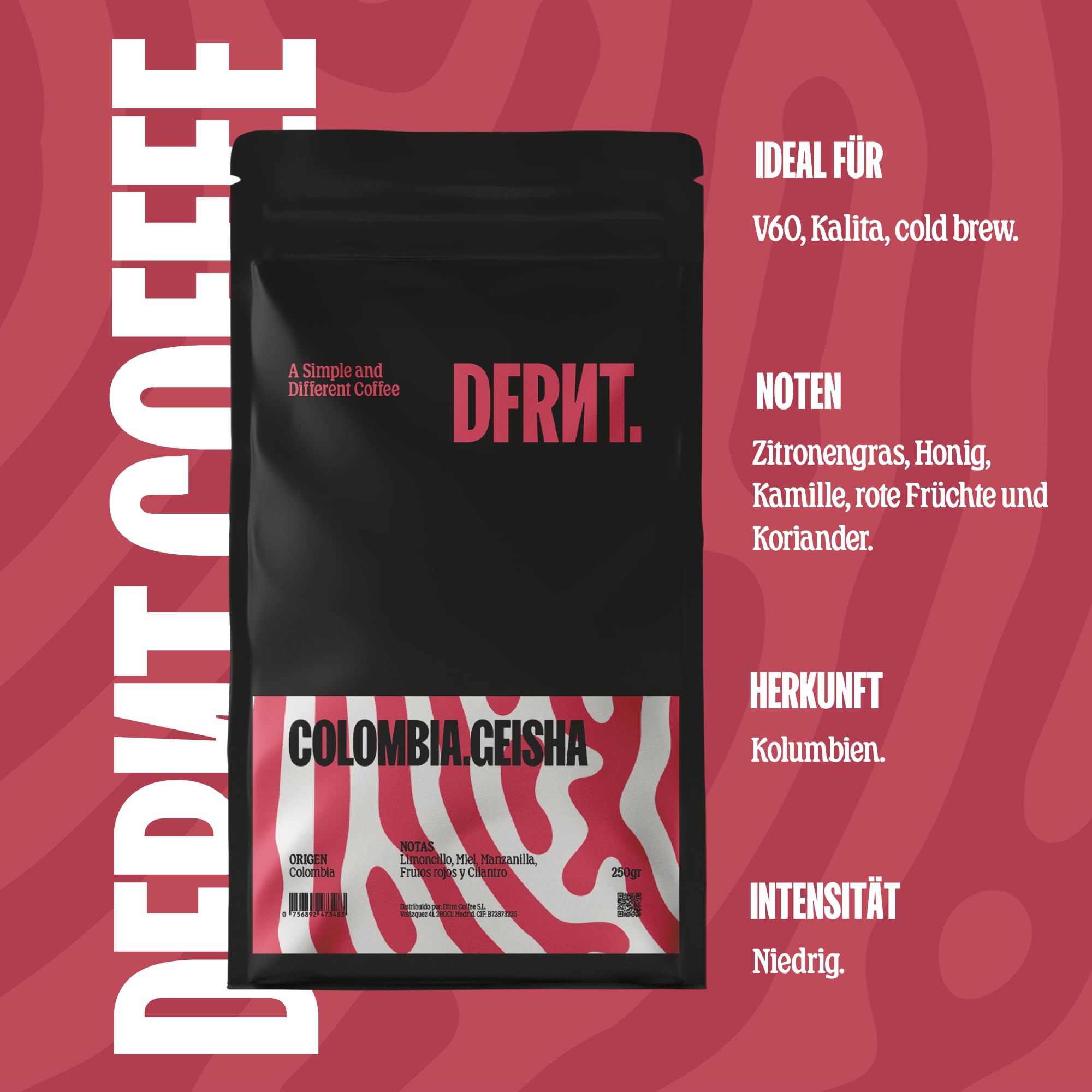 DFRNT. Colombia Geisha 2 x 250 g – Limited Edition – Spezialitätenkaffee in Bohnen – 100% Arabica aus Kolumbien – Noten von Zitronengras und Honig – Frisch geröstet in Spanien