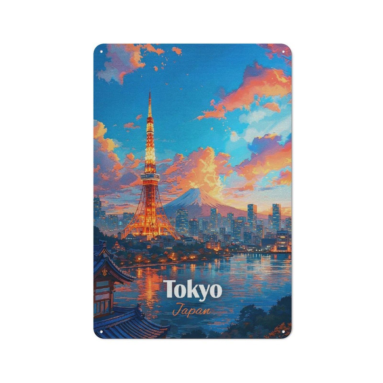 Retro Metal Wall Plaque 30x20cm Featuring Tokyo Cityscape with Mount Fuji(3), Room Wall Plaque for Hallway, Home Bar, Garage Or Study