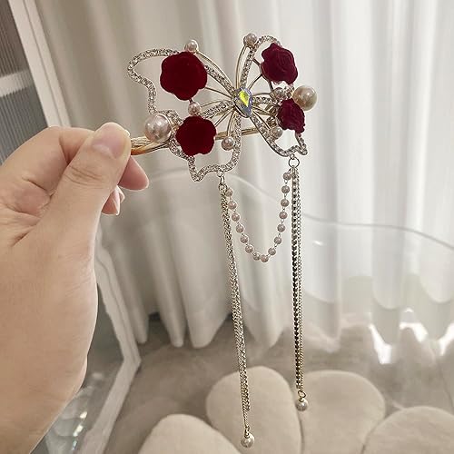 Miniatura 5 de Pinzas para el cabello con borlas de rosas de diamantes de imitación, accesorios de moño de mariposa, horquilla de garra con purpurina para soporte,