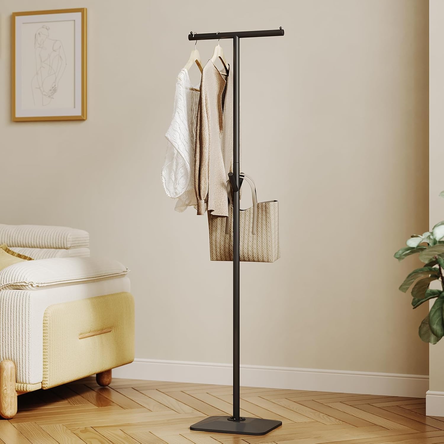 HAZHEYE Modern Coat Rack Freestanding,Metal Standing Coat Rack Coat Tree with a geometric cast iron base and hooks,T Shaped Coat Hanger Stand for Coats, Hats, Bags, Purses, for Entryway, Hallway