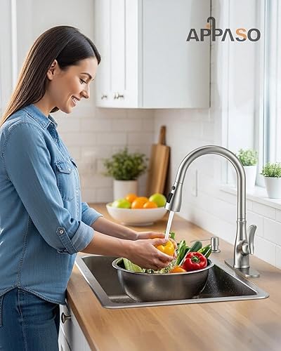 Vista 11 de APPASO Grifo de cocina cuadrado con filtro, grifos de fregadero de 3 vías negro mate con rociador extraíble, 2 modos, arco alto, moderno, 2 asas