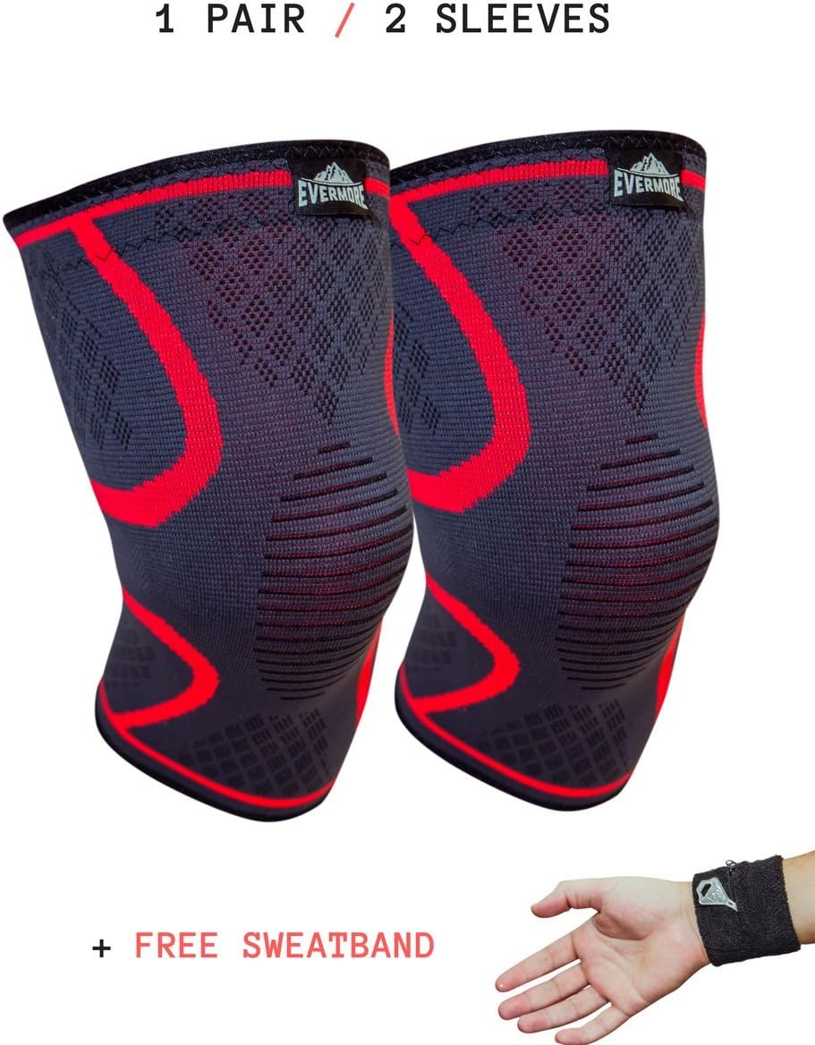 Knee Brace | Knee Compression Sleeve Support | 1 PAIR 2 SLEEVES | Ideal for Running, Jogging, Sports, Joint Pain Relief, Arthritis and Injury Prevention or Recovery | Plus FREE Wrist Sweatband