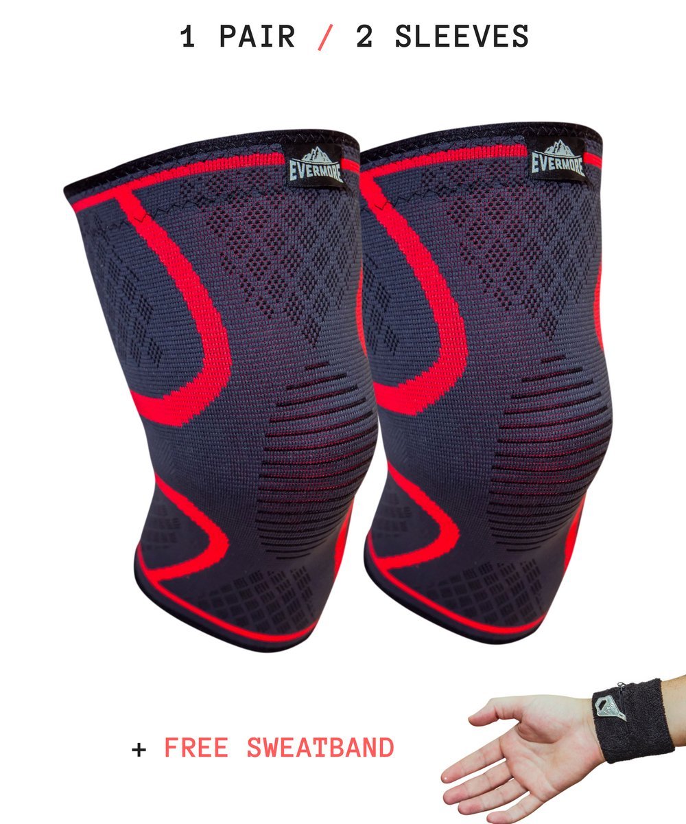 Knee Brace | Knee Compression Sleeve Support | 1 PAIR 2 SLEEVES | Ideal for Running, Jogging, Sports, Joint Pain Relief, Arthritis and Injury Prevention or Recovery | Plus FREE Wrist Sweatband