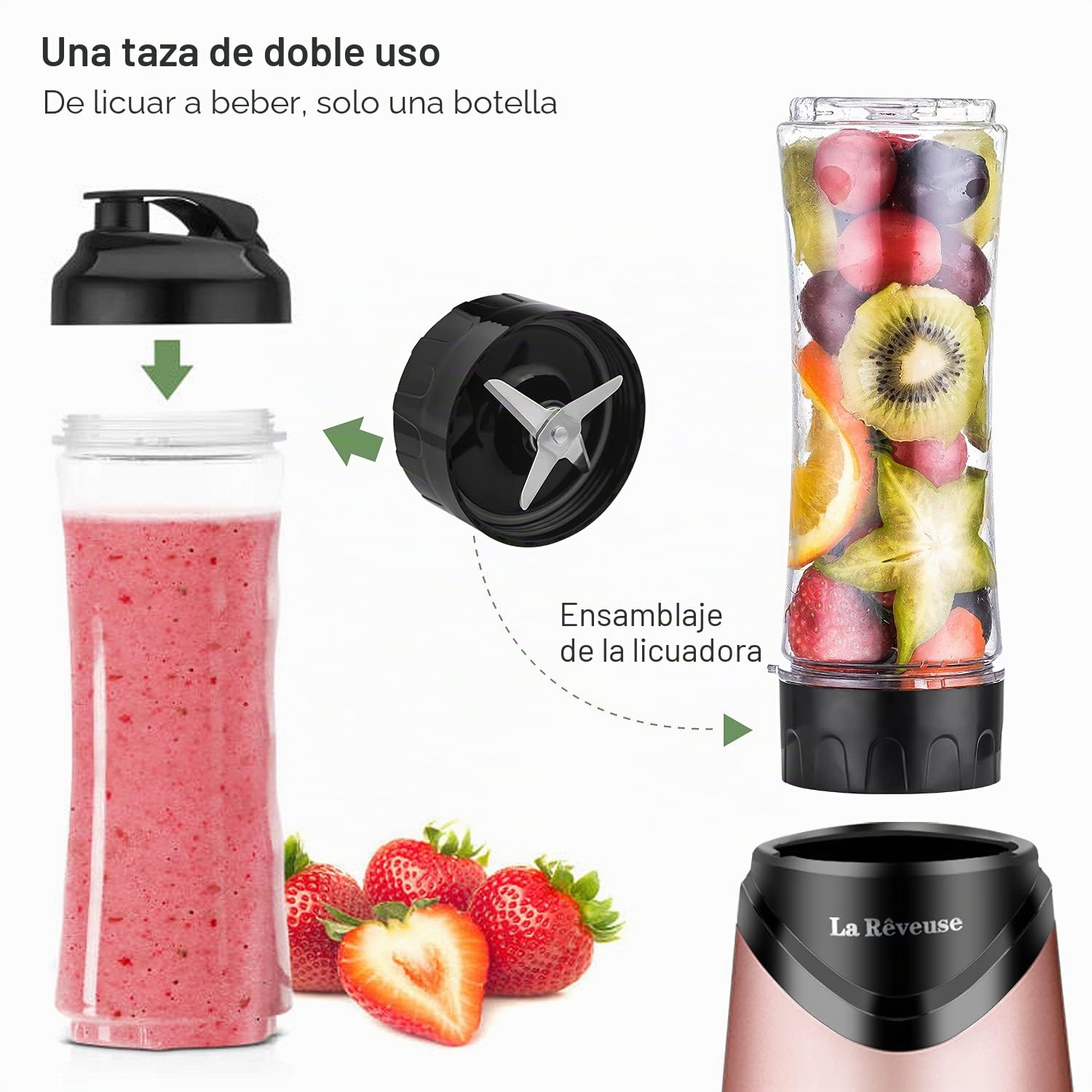 La Rêveuse Licuadora de batidos tamaño personal con 2 botellas deportivas de viaje portátiles sin BPA (550 ml),300 vatios,rosado (Pink) | Con (2) Tazas portátiles 550 ml sin BPA con tapas, mezclador empujador, compacto hogar oficina dorm, 300 W, LARB2205K