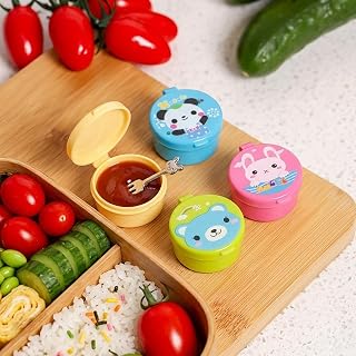 4Pcs Mini Sauce Containers for Bento Box, Cute Cartoon Plastic Salad Dressing Ketchup Jars with Hinged Lids and Mini Forks, Leakproof Small Condiment Cups for Kids School Lunch, Pi