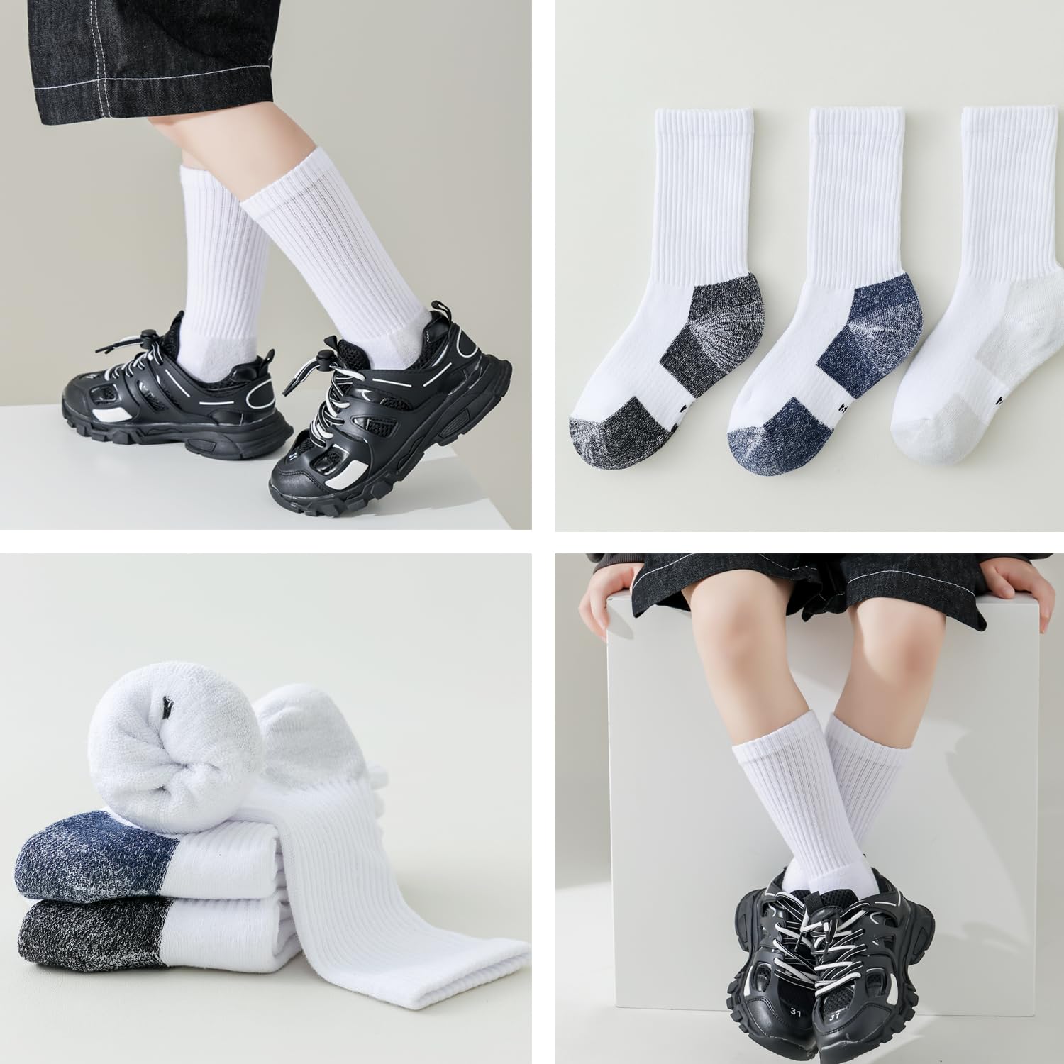 Marchare Chaussettes pour garçons et filles, pack de 6 paires de chaussettes épaisses et rembourrées en coton pour le sport et la course à pied.