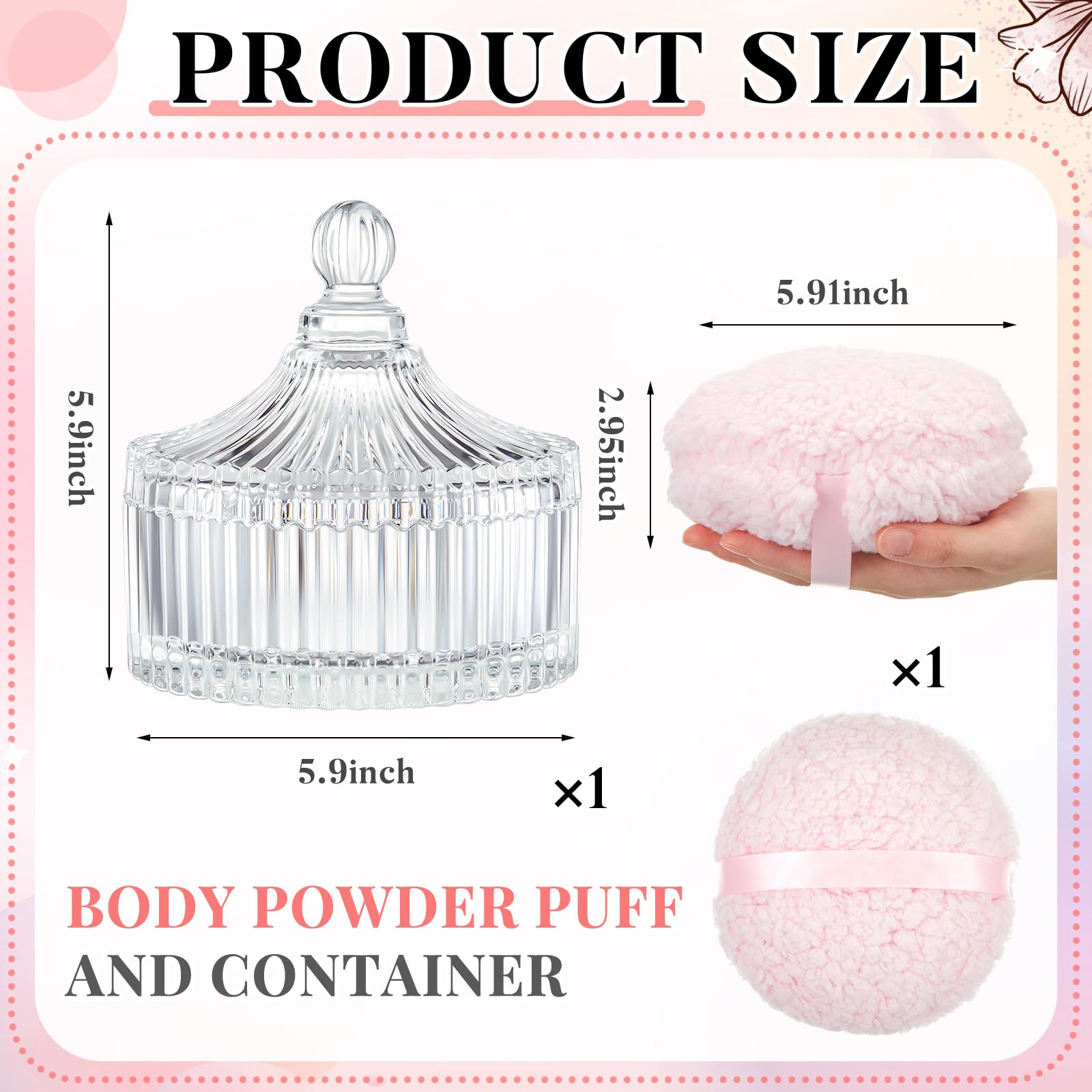 Tioncy 2 Stück extra große Staubpuderquaste und Behälter für Damen, 14 cm Glaskristall-Staubpuderbehälter mit 15 cm Körper, weich, waschbar, wiederverwendbar, Velours-Gesicht (transparent)