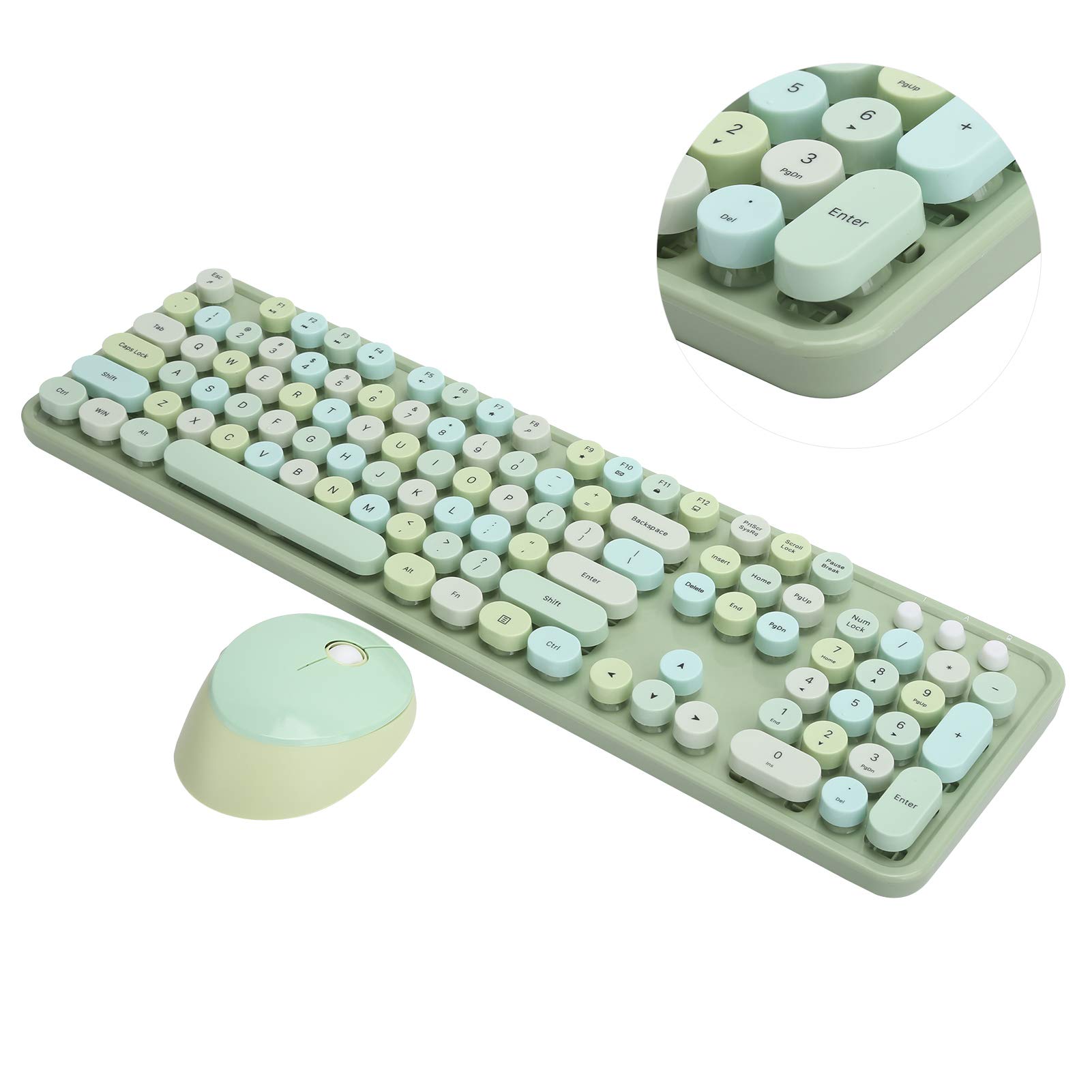 Set aus kabelloser Tastatur und Maus, leise, langlebig, ergonomisch, leise, diskret, 104 Tasten im Retro-Stil, abgerundet, mit USB-Empfänger, Pastellgrün, für XP/Win7/Win8/Win10