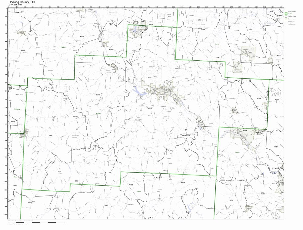 Hocking County, Ohio OH ZIP Code Map Not Laminated Office